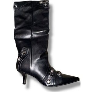 NIB Black Knee High Boots Pointed Toe Studded Accents Zip Up Sz 6 punk